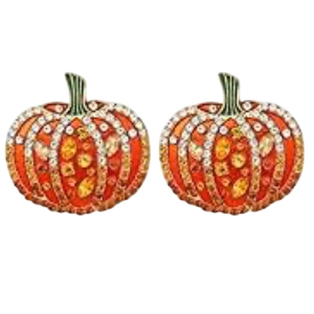 Pumpkin Stud Earrings Womens OS Orange Rhinestone Halloween Fall Festive Sparkle